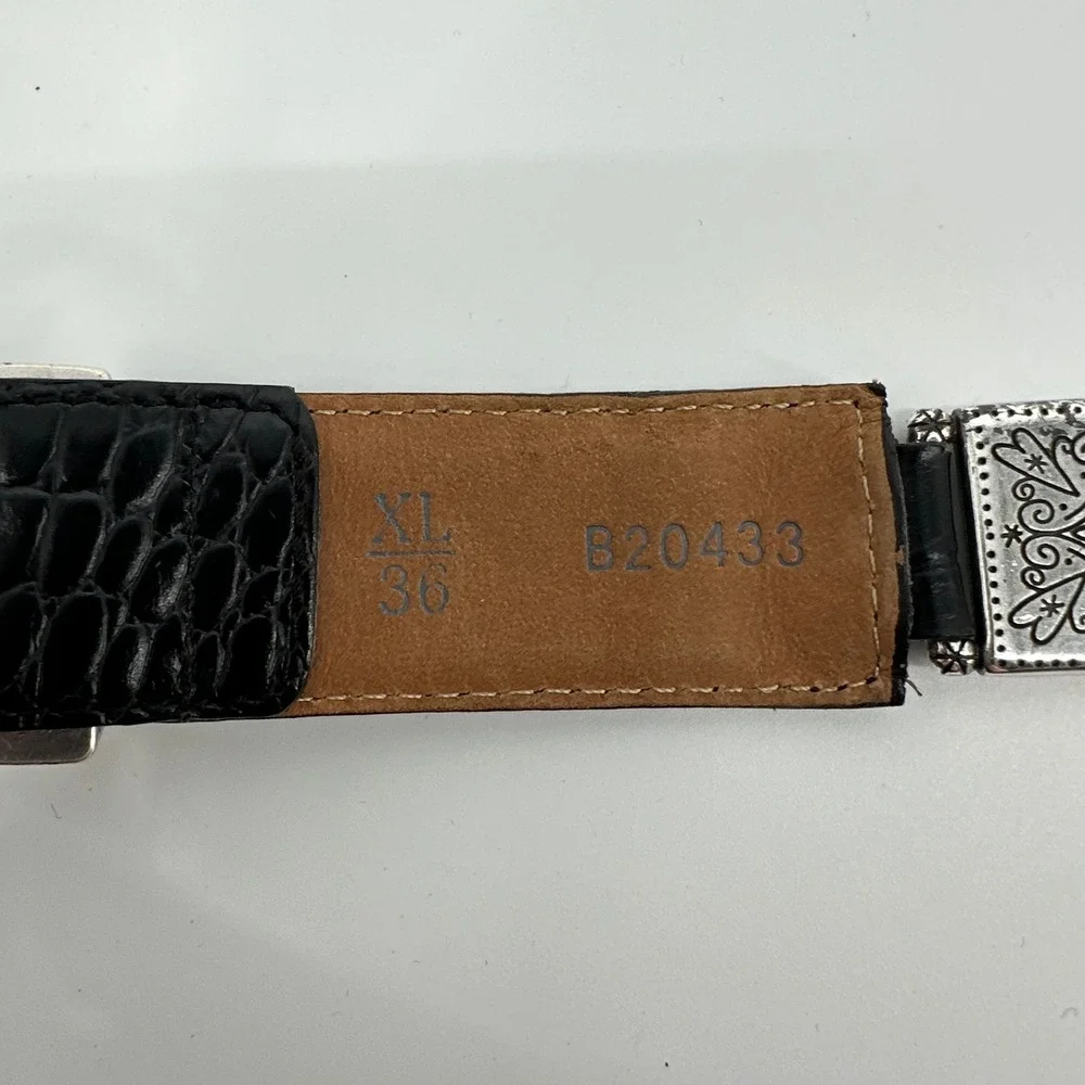 Vtg Brighton Black Leather Croc Embossed Braided Western Belt Heart Buckle XL 36